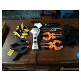 BOX OF CLAMPS FLASH LIGHT RADIO HAND CUTTERS