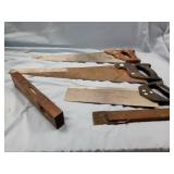 VINTAGE 12" LEVEL, SCRAPER, 3 HANDSAWS