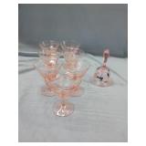 7 PINK DEPRESSION GLASSES AND BELL