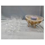 6 CLEAR ETCHED GLASSES AND DECORATIVE BOWL
