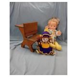 WOOD DOLL DESK AND 2 DOLLS