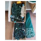 BOX OF USED CHRISTMAS LIGHTS, TREE SKIRT