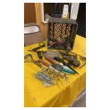 CRATE WITH HARDWARE, GARDWNING, DOOR KNOBS, MISC