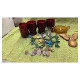 RUBY RED VINTAGE GLASES, WOODEN EAGLE, BOWL