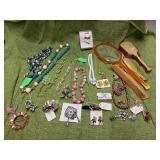 CELLULOID VANITY SET, SEVERAL COSTUME JEWELRY