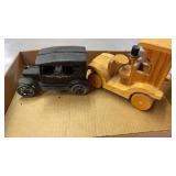 CAST IRON (MISSING TIRE) AND WOODEN MODEL T CARS