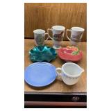 PYREX CREAMER, DISHES, CURRIER AND IVES CUP- DOG