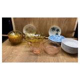 PINK DEPRESSION WARE - GOLD SALD BOWL WITH 6