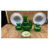 2 FIRE KING BOWLS, GREEN GLASSWARE AND ALABASTER