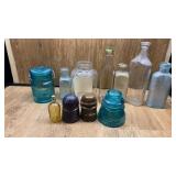 VINTAGE OLD BOTTLES, FOLGERS COFFEE JAR AND