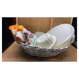 BASKET WITH TUPPERWARE, TERRY CLOTH APRONS