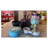 POTTERY, PLANTERS, BIRD MUSIC BOX AND MISC