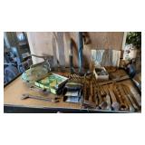 TOOLS, STAPLES AND GUN, PEDALS, GOGGLES  AND MISC