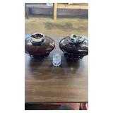 2 LARGE BROWN INSULATORS WITH CHIPS AND SMALL