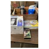 CRATE WITH THERMOS, COFFEE MAKER , MARINATOR AND