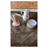 RED WING VASE, CHINA TEA POT AND SAUCERS