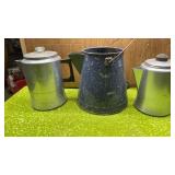 ENAMEL BLUE COFFEE POT-,NO LID AND 2 ALUMINUM