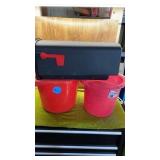 2 RED BUCKETS AND NEW MAIL BOX