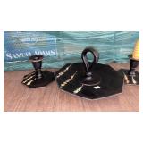 VINTAGE GLASS PAINTED TRAY AND CANDLE STICKS