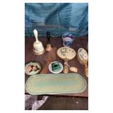 BELLS, VINTAGE PLANTER , DRESSER SET , TINS AND