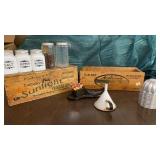 2 VINTAGE WOODEN BOXES , SALT , PEPPER, NUTMEG