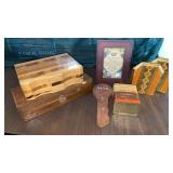 BOXES   VINTAGE TIN, BOOKENDS, FRAMED MOM POEM