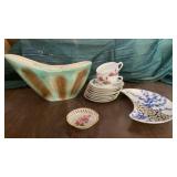 MID CENTURY VASE, CUPS, SAUCERS AND ASIAN PLATE