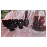 AVON CAPE COD GLASSES, DECANTER, RED VASES, BOWL