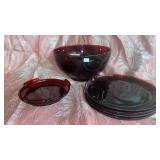 HEAVY RED SNACK BOWL, 4 PLATES AND TRAY