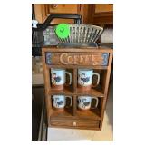 WOODEN COFFEE CUP HOLDER AND 4 CUPS