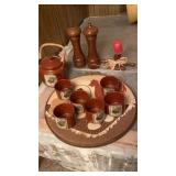 TEA POT WITH 6 GLASSES, WOODEN SALT/ PEPPER