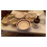STONEWARE DISHES, CHOPPER, GLASS CONTAINER