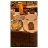 STONEWARE AND GLASS PLATTERS, WOODEN BUCKET ,