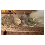 GREEN FENTON DISH AND ASSORTED GLASSWARE- PARTY