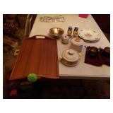 SILVER PLATED SUGAR AND CREAMER, SERVING TRAY,