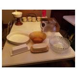 MCCOY BUTTER DISH,  GLASS WATER PITCHER,