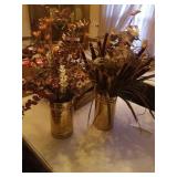 2 BRASS FLORAL BUCKETS WITH DRIED ITEMS