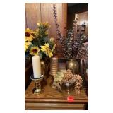 FAKE FLOWER ARRANGEMENT , CANDLES AND DISH WITH