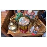 WALL PLAQUES , BRASS URN, CANDLE,SHELF FIGURINES