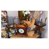 BRASS OWL AND CRESMERS, CANDLES,-CLOCK , BALL JAR
