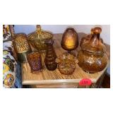 GOLD COLORED CANDY DISHES AND CANDLES, ETC