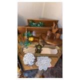 BRASS PITCHER, SHELVES ,CANDLES-DOILES AND JAR