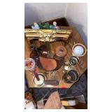 BRASS DOME CANDLE STICK, SHELVING , FIGURINES AND