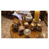BRASS CANDLE STICKS, CANDLES, GLASS SERVER AND