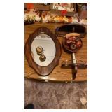 MIRROR , 2,WALL SHELVES, WOODEN BOWL OF FRUIT AND