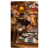 BRASS CANDLE STICK HOLDERS, FIGURINES , CANDLES,