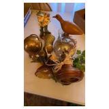 BRASS GLOBE, FIGURINE, WOODEN DUCK AND CANDLES