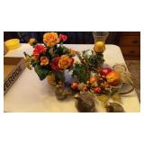 CANDLE HOLDERS, FLORAL ARRANGEMENT AND 3 BRASS