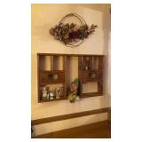 WALL SHELVING WITH HEARTS, FIGURINES, GHOME ,