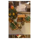 CLOCK, BRASS BIRDS, PLASTIC FRUIT TREE AND WALL